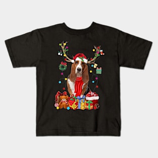 Basset Hound Reindeer Santa Christmas Color Lights Kids T-Shirt